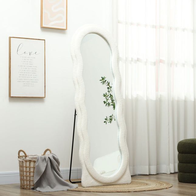 Celopostavové zrcadlo 160 x 60 cm zaoblené stojací zrcadlo s vlnitým designem nerozbitné sklo bílá