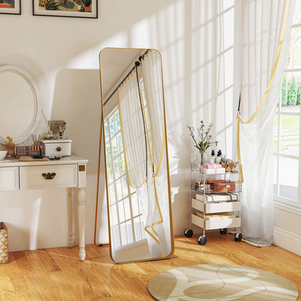 Celopostavové zrcadlo, volně stojící, sklopné, kovový rám, MDF, 160 x 50 cm, ve zlaté barvě