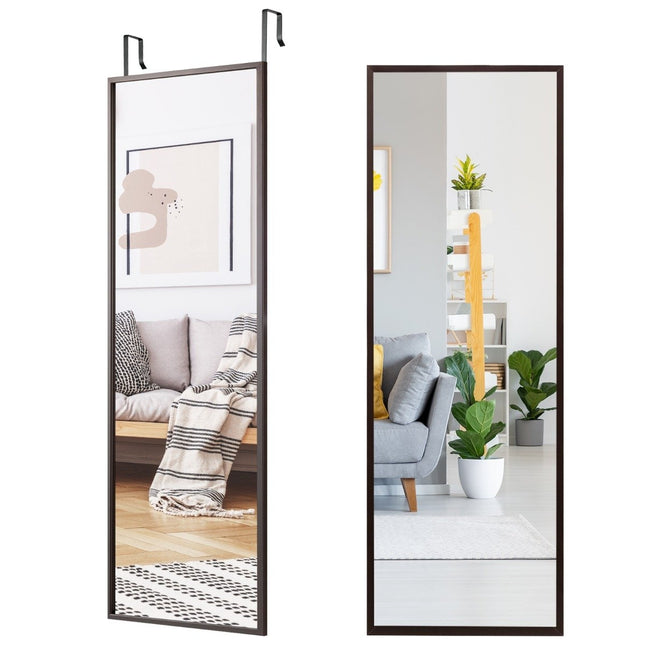 Celopostavové nástěnné zrcadlo s výškově nastavitelnými závěsnými háčky 36.5 x 1.5 x 107 cm hnědá