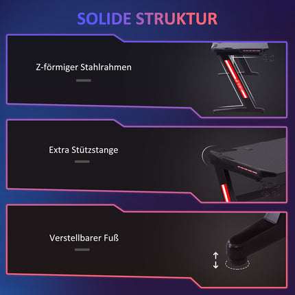 Herní stůl s LED, držákem nápojů a háčkem na sluchátka, černá