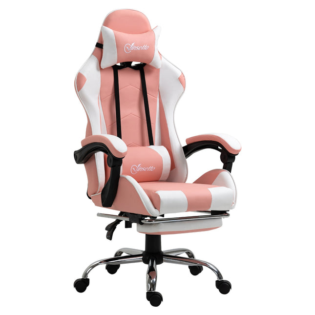 Ergonomic pink and white gaming chair with lumbar support