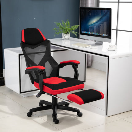 Herní židle – ergonomická kancelářská židle s podnožkou, černá a červená