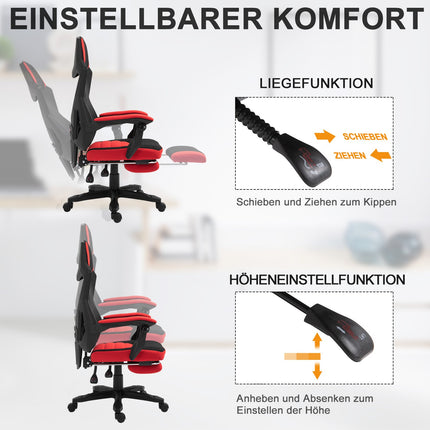 Herní židle – ergonomická kancelářská židle s podnožkou, černá a červená