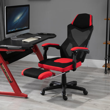 Herní židle – ergonomická kancelářská židle s podnožkou, černá a červená