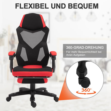 Herní židle – ergonomická kancelářská židle s podnožkou, černá a červená