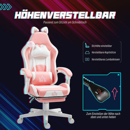 Ergonomická růžová herní židle s bederní podporou a podnožkou
