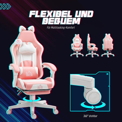 Ergonomická růžová herní židle s bederní podporou a podnožkou