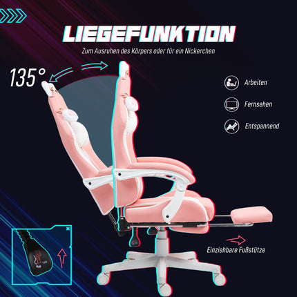 Ergonomická růžová herní židle s bederní podporou a podnožkou