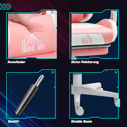 Ergonomická růžová herní židle s bederní podporou a podnožkou