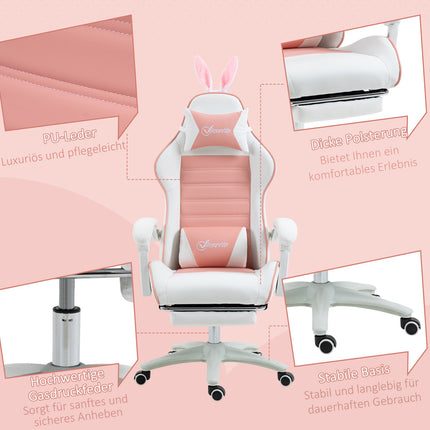 Ergonomická herní židle s bederní opěrkou a podnožkou, růžová