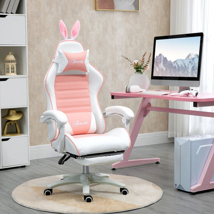 Ergonomická herní židle s bederní opěrkou a podnožkou, růžová
