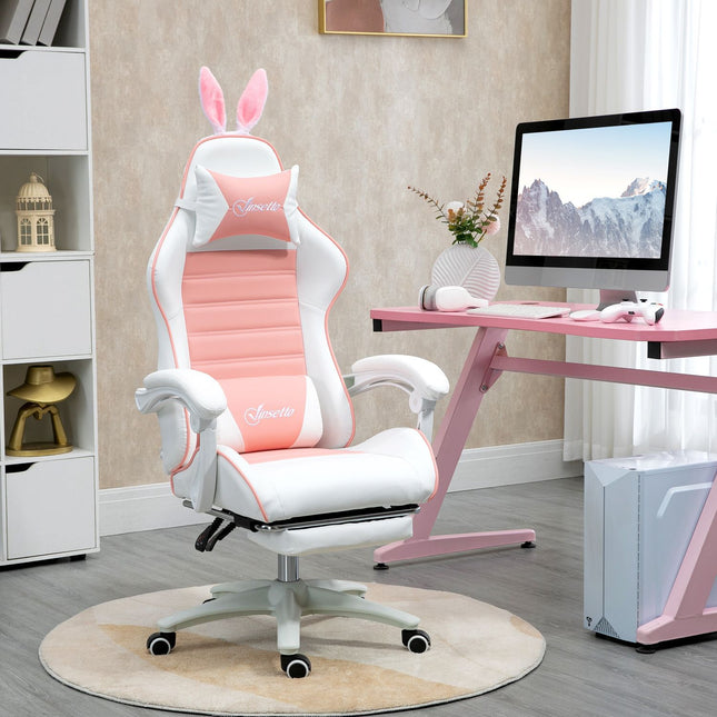 Gamingstoel Ergonomische gamerstoel met lendensteun, voetsteun, gamingstoel met konijnenoren, kussen, in hoogte verstelbare bureaustoel met verstelbare ligfunctie Roze | Aosoom