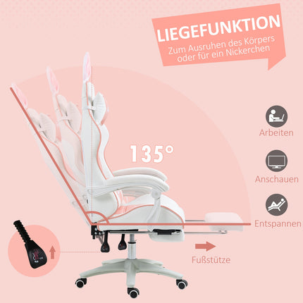 Ergonomická herní židle s bederní opěrkou a podnožkou, růžová