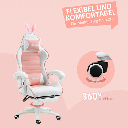 Ergonomická herní židle s bederní opěrkou a podnožkou, růžová