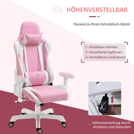 Herní židle růžová a bílá, nastavitelná, bederní opěrka, umělá kůže