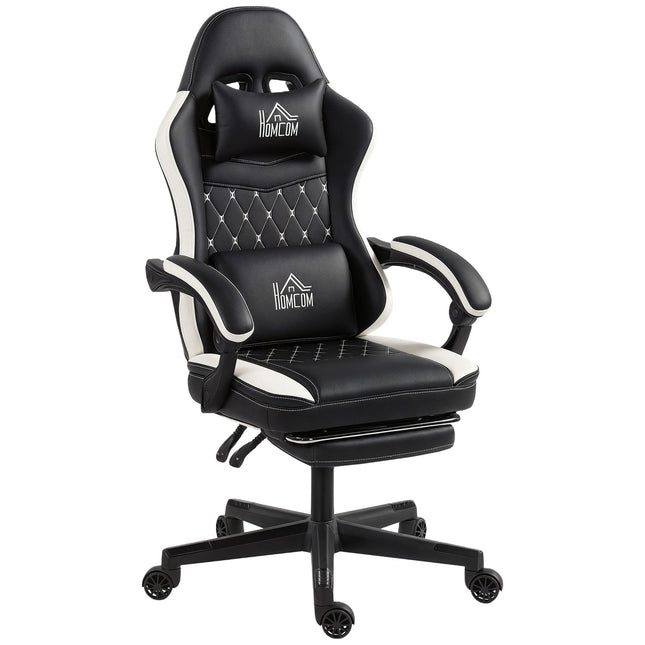Gaming stoel met voetenbank, hoofdsteun en kussen, zwart/wit