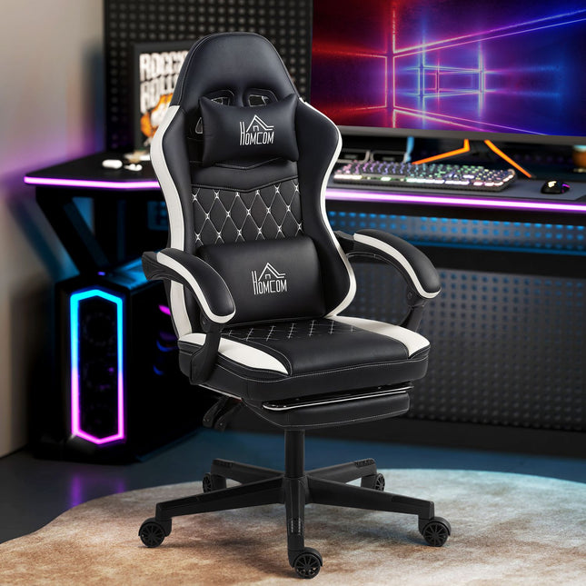 Gaming stoel met voetenbank, hoofdsteun en kussen, zwart/wit