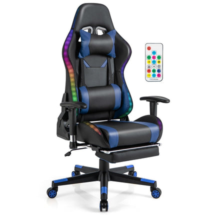 Herní židle s RGB LED osvětlením a výsuvnou podnožkou, ergonomická kancelářská židle, modrá