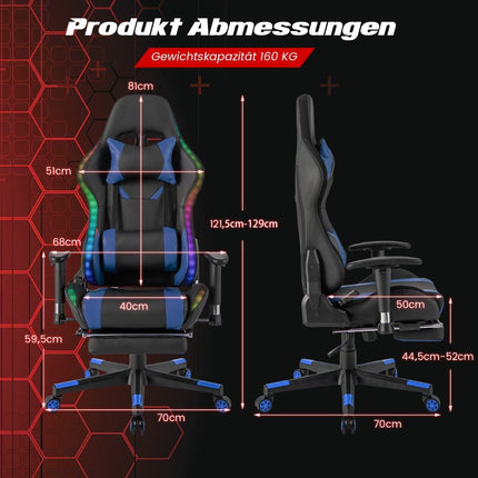 Herní židle s RGB LED osvětlením a výsuvnou podnožkou, ergonomická kancelářská židle, modrá