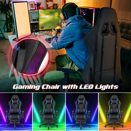 Herní židle s RGB LED osvětlením a výsuvnou podnožkou, ergonomická kancelářská židle, modrá