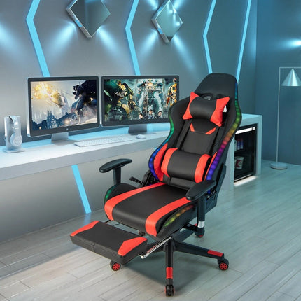 Herní židle s RGB LED osvětlením a výsuvnou podnožkou, ergonomická kancelářská židle, červená