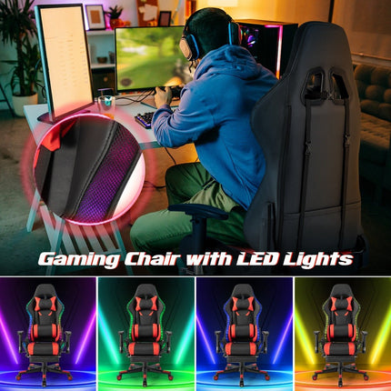 Herní židle s RGB LED osvětlením a výsuvnou podnožkou, ergonomická kancelářská židle, červená