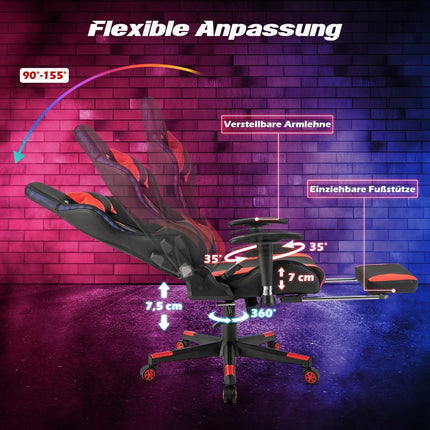 Herní židle s RGB LED osvětlením a výsuvnou podnožkou, ergonomická kancelářská židle, červená