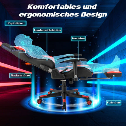 Herní židle s RGB LED osvětlením a výsuvnou podnožkou, ergonomická kancelářská židle, červená