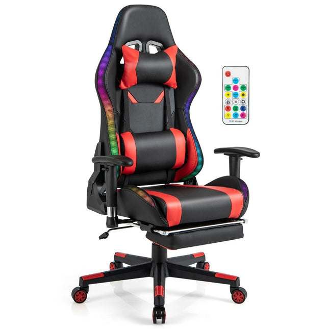 Gamingstoel met RGB LED-verlichting en intrekbare voetensteun, ergonomische bureaustoel, rood
