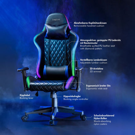 Herní židle s RGB osvětlením, černá/modrá, ergonomický design