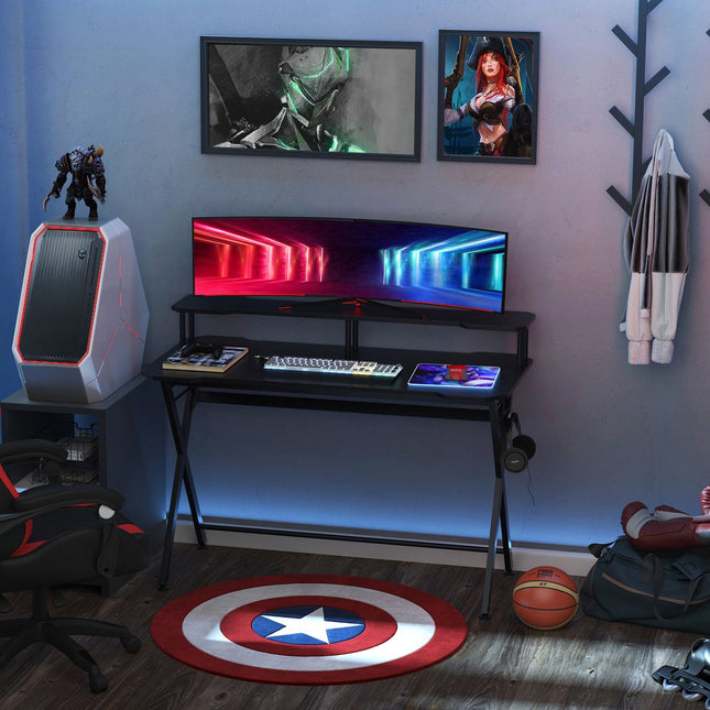 Game table with headphone hook, black steel & MDF, 120x60x90 cm