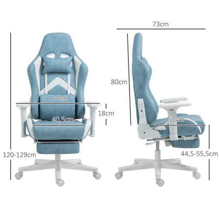 Ergonomická herní židle modrá, polohovací s podnožkou a polštáři