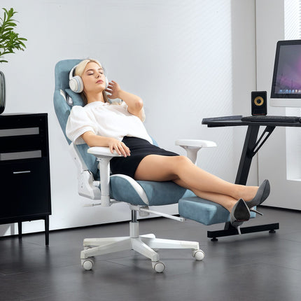 Ergonomická herní židle modrá, polohovací s podnožkou a polštáři