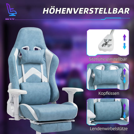 Ergonomická herní židle modrá, polohovací s podnožkou a polštáři