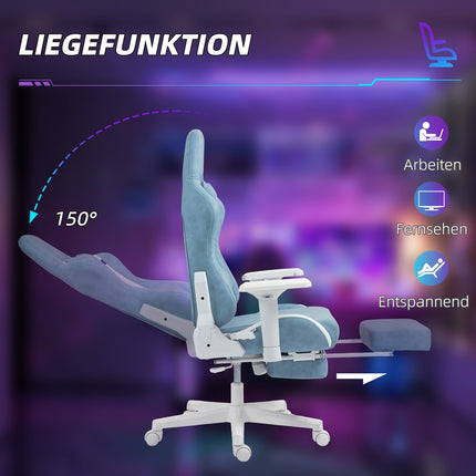 Ergonomická herní židle modrá, polohovací s podnožkou a polštáři