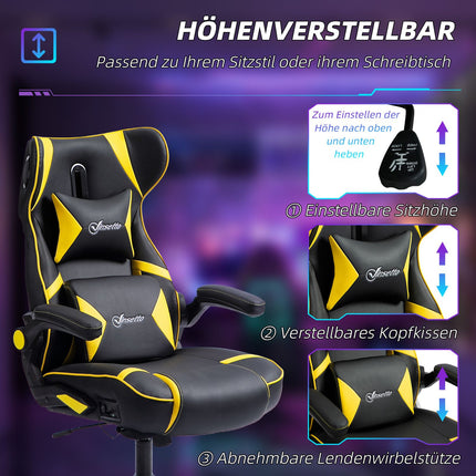 Ergonomická herní židle s reproduktorem, nastavitelná, černá/žlutá
