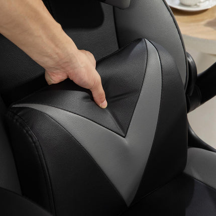 Ergonomická herní židle s houpacím mechanismem a bederním polštářem, černá/šedá