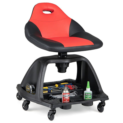 Garage Mechanic Stool Seat, 330 LBS, Red, Tool Tray