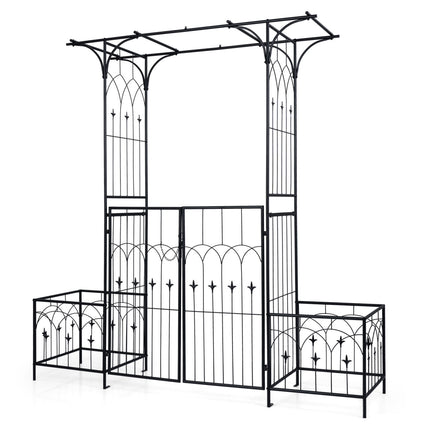 Garden Arbor with Gate, Planter Boxes & Trellis - Black Metal
