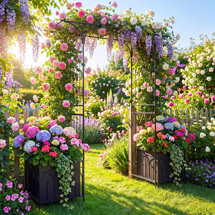Garden Arbor with Gate, Planter Boxes & Trellis - Black Metal