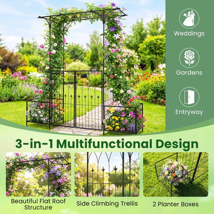 Garden Arbor with Gate, Planter Boxes & Trellis - Black Metal