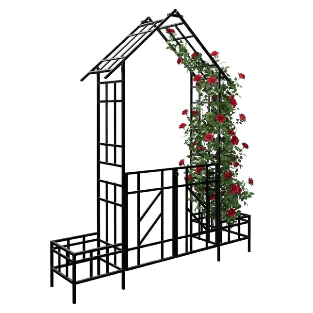Tuinboog met poort en plantenbakken, in de vorm van een huis.