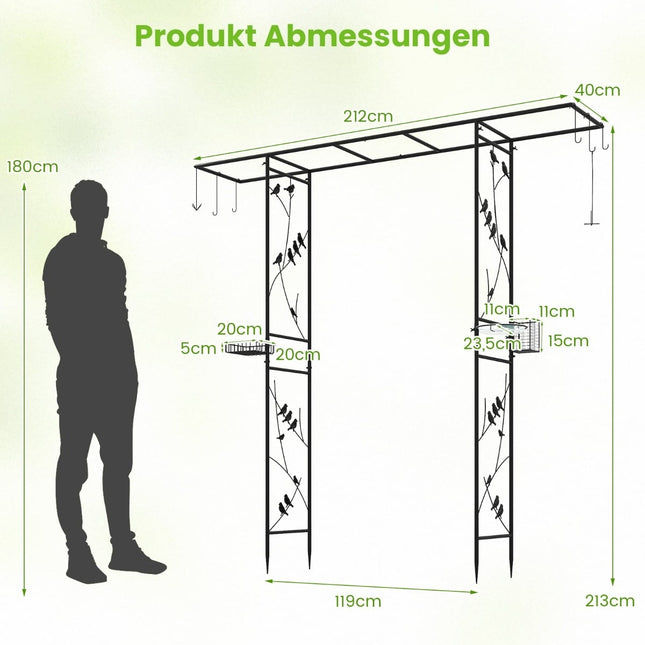 Zahradní oblouk s krmítkem a napáječkou pro ptáky, černá, 213 cm
