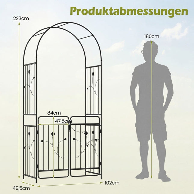 Tuinboog met afsluitbaar hek, metalen traliewerk, zwart