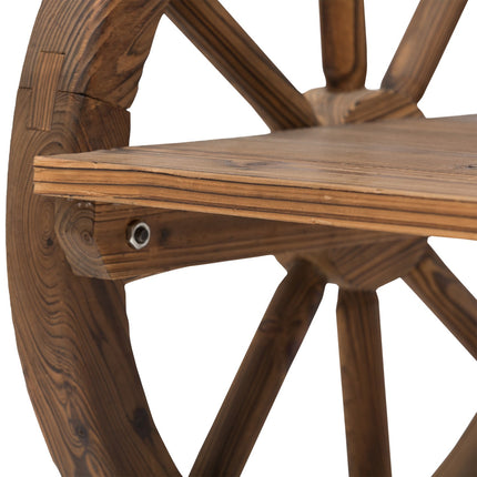 Rustic garden bench in solid wood, wagon wheels & armrests