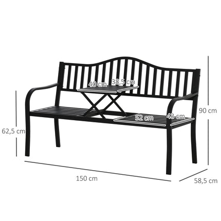 Black metal park bench with extendable table, 150cm