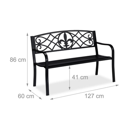 Garden Bench with Fleur de Lis Backrest, Black Metal