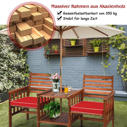 Garden Bench with Table, 2-Seater Wood, Cushion & Umbrella Hole