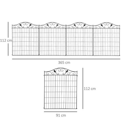 Sada dekorativního černého kovového zahradního plotu, 4 díly, 365x112 cm