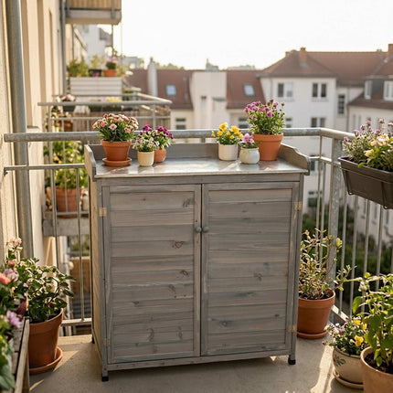 Garden Potting Bench with Cabinet, Grey, Galvanised Top